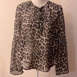 TALLY WEIJL-women’s animal print l/s semi-sheer tunic blouse, tie front size M